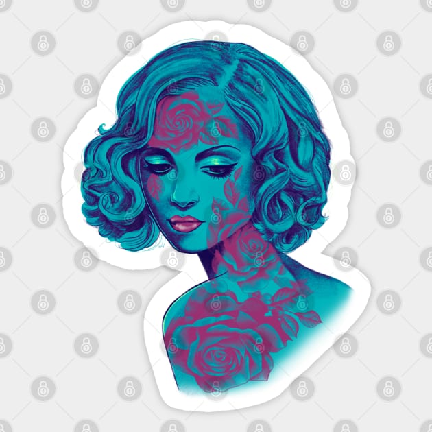 Retro Rose Girl in blue Sticker by Huldra Tattoo